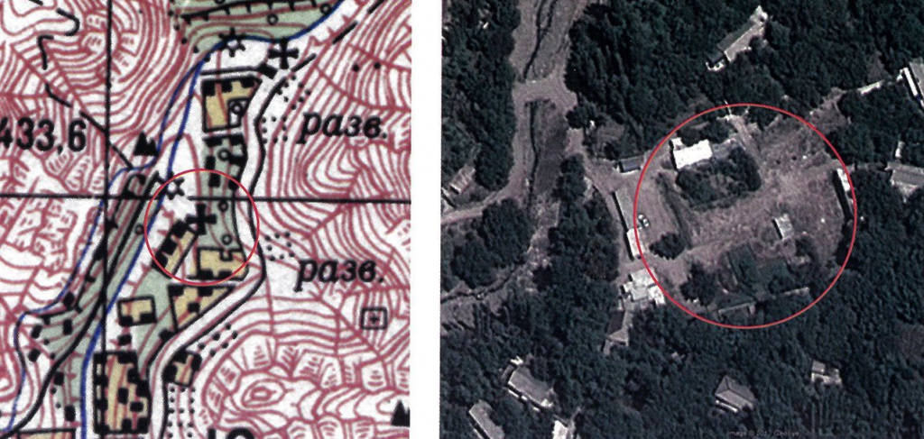 Место храма Сурб Степанос в селе Агулис на карте 1976 года (масштаб 1:50000) и сегодня (скриншот Google Earth).